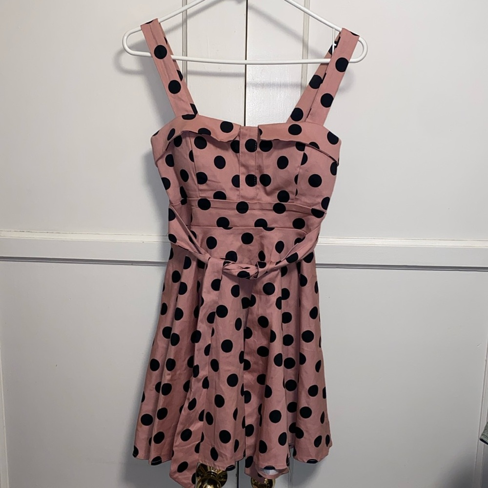 Ixiah Small Peach Black Sleeveless Boat Neck Ruched Top Fit Polka Dot Dress